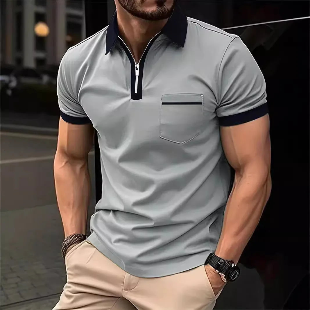 Men's short sleeve casual shirt with chest pocket zipper decoration in multiple colour combinations