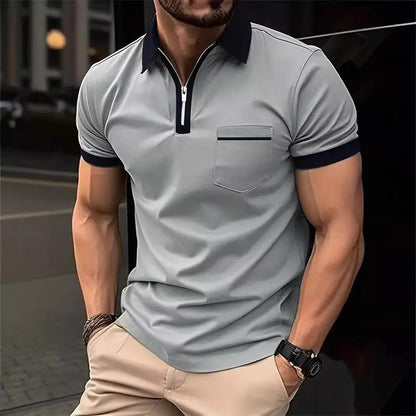 Men's short sleeve casual shirt with chest pocket zipper decoration in multiple colour combinations
