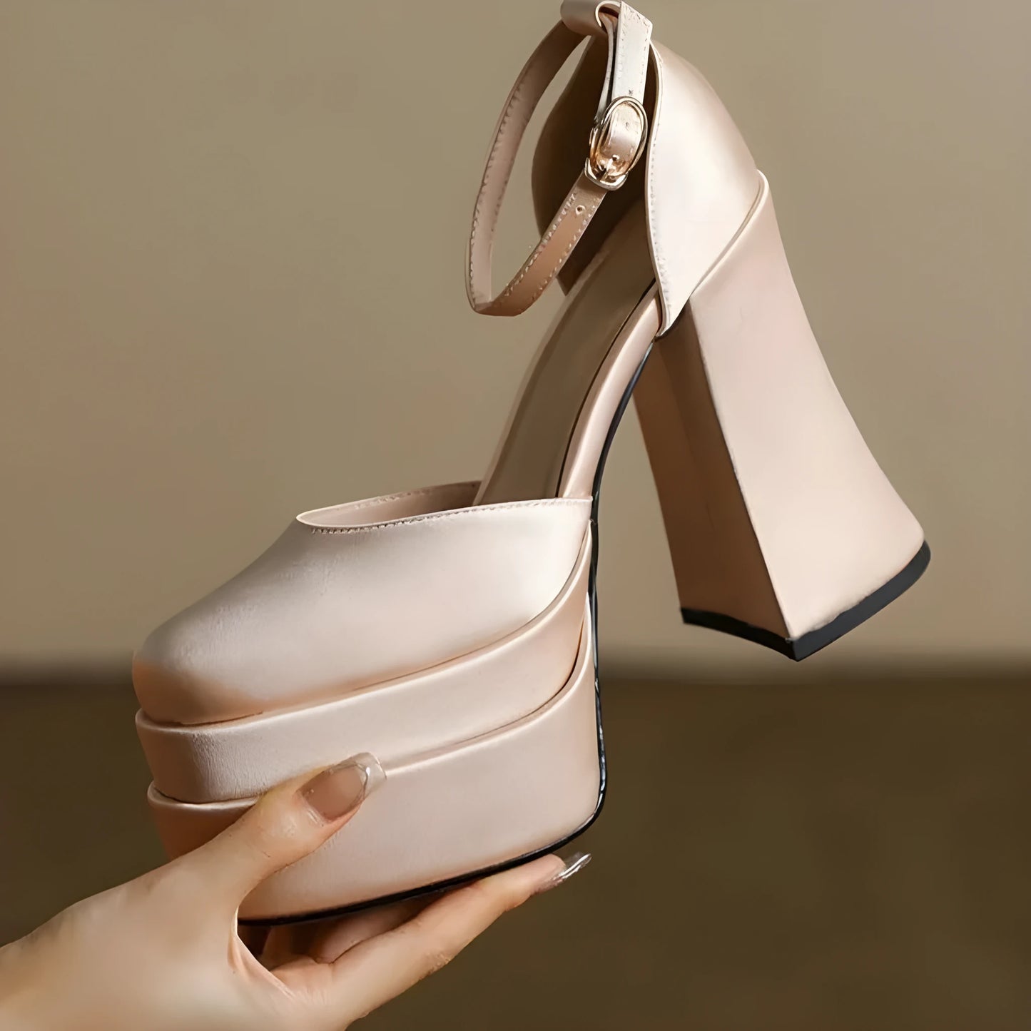 Women's white chunky heel platform pumps with a round toe and mid-calf cut.