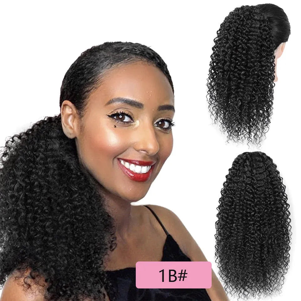 Drawstring puffy ponytail with afro curls in medium length for women, shown in simple style and colour options 1B, 27 and Bug.