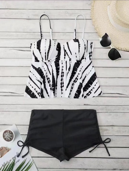 Women's hard bag printed split bikini swimsuit set in blue colour.