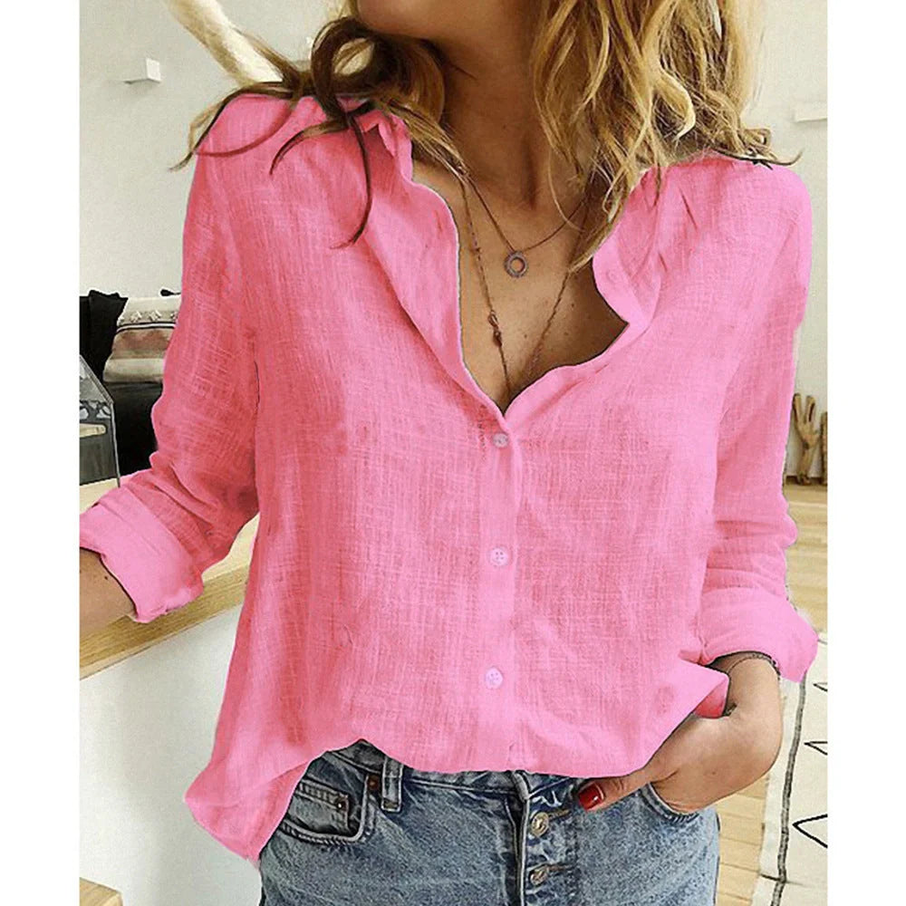 Loose Button Lapel Cardigan Top Long Sleeve Shirt for Women in various colors and sizes