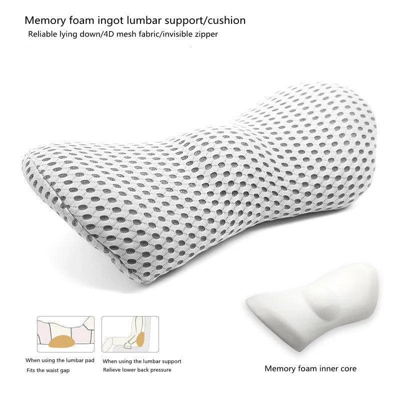 Ergonomic lumbar support pillow with grey 4D mesh fabric cover and memory foam core