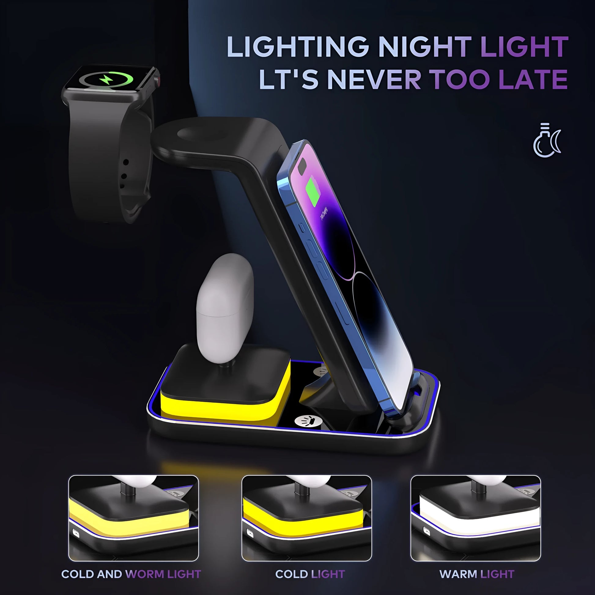 Black vertical wireless charger with phone, smartwatch and earbuds charging simultaneously