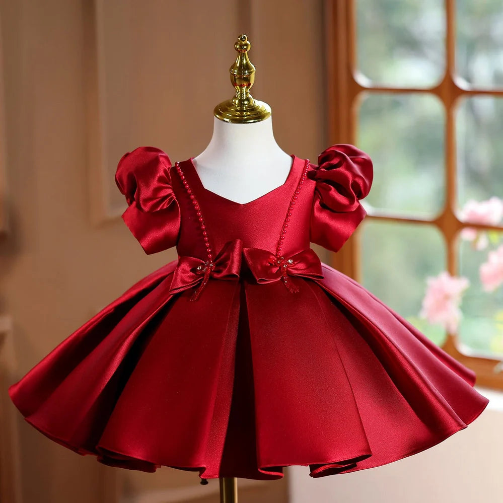 Wine red polyester girls' evening dress with princess design elements for birthday parties