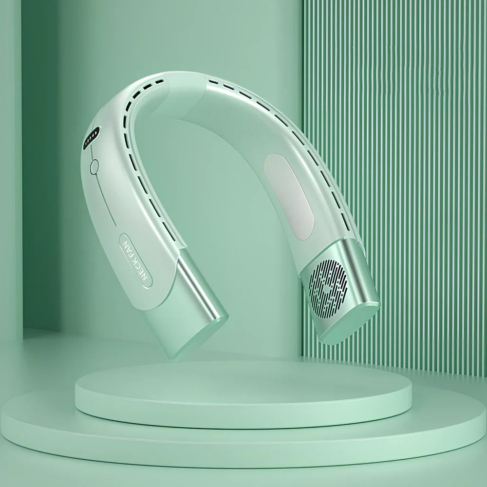 Blue hanging neck fan with digital display, 200x197x60mm USB model in ABS, 5 wind speeds for portable cooling