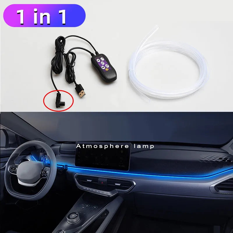 Flexible car LED ambient lighting strip installed on dashboard with USB power cable and colour-changing effects