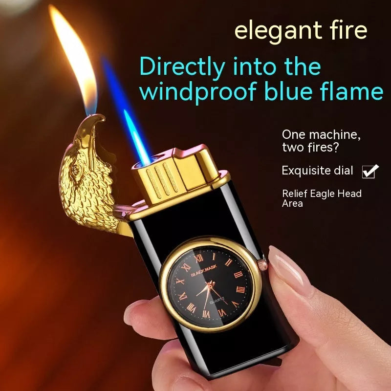 Eagle Head Double Fire Gas Lighter with watch plate design in Black Ice finish