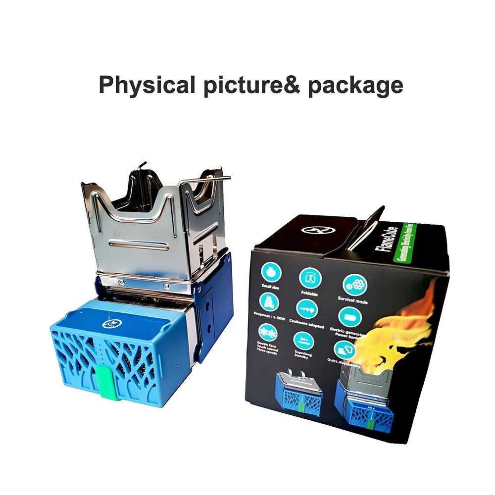 Light blue portable wood-burning camping stove with one-piece furnace body for outdoor cooking