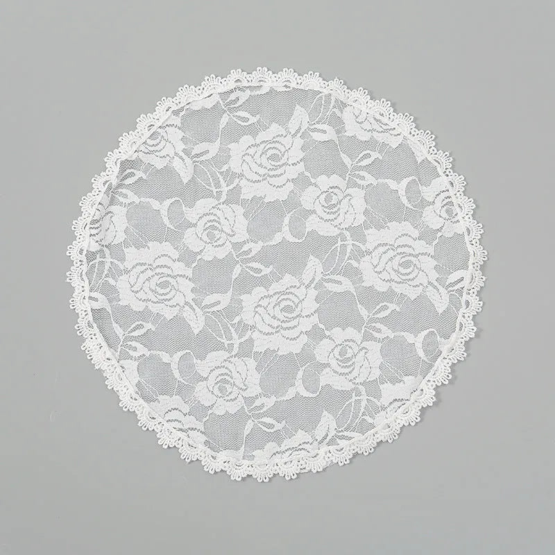Round lace bridal head covering with floral embroidery measuring 30cm in black and white colours
