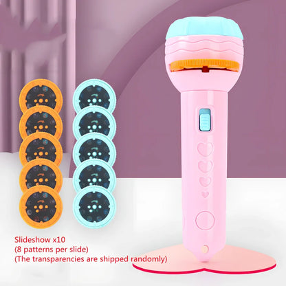 Red plastic cartoon projection flashlight showing rotating lens for 80 pattern changes