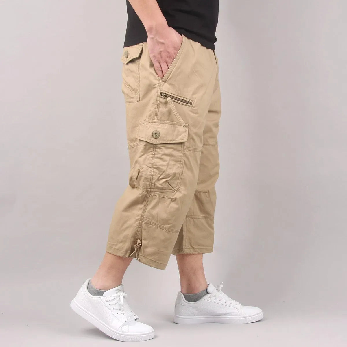 Men's cotton cropped casual pants in loose fit showing khaki colour option