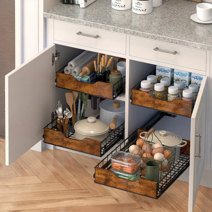 Black household storage rack with pull basket design made from wood and iron for kitchen organisation