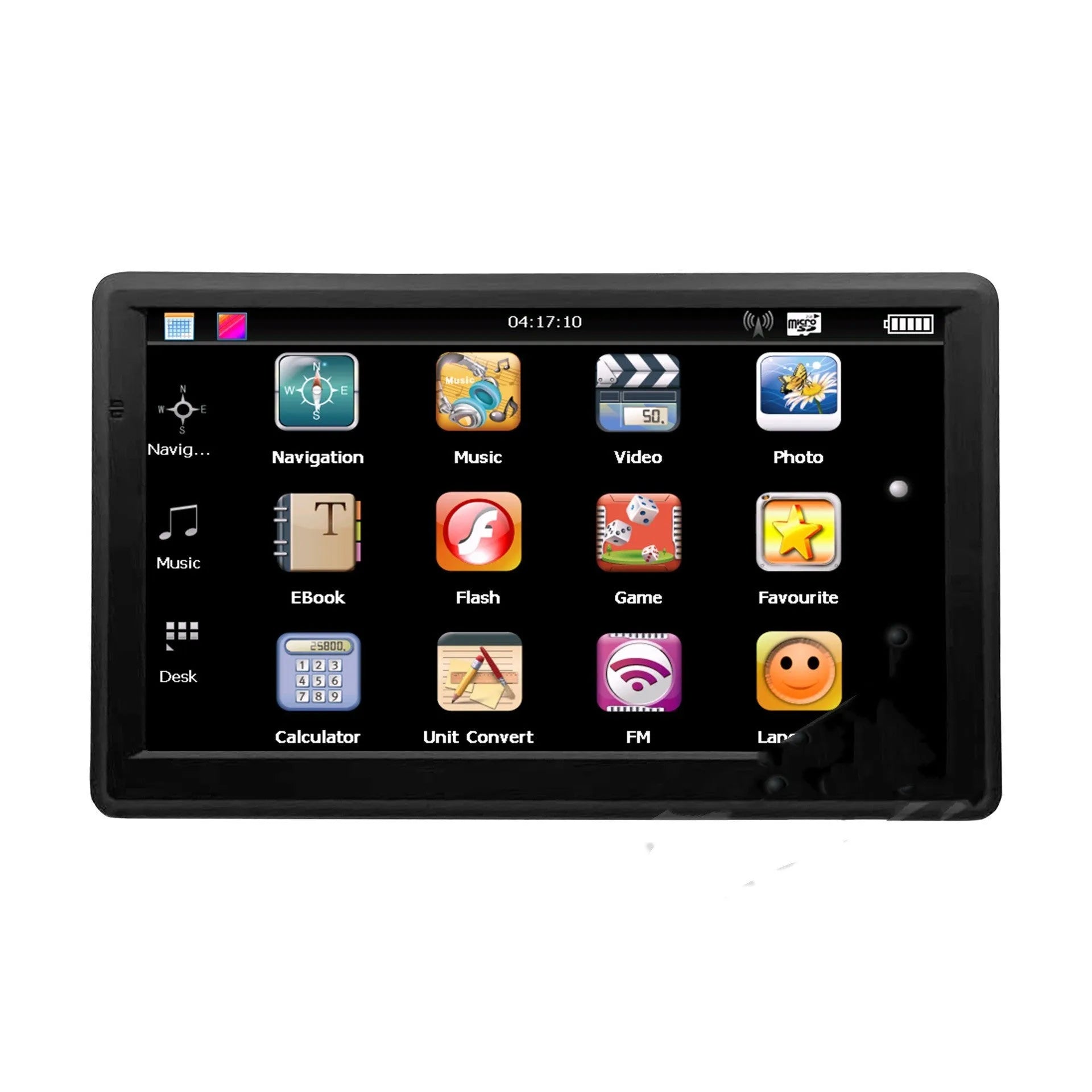 7-inch portable car GPS navigator with suction cup mount on a windscreen, showing a map on its HD touchscreen.