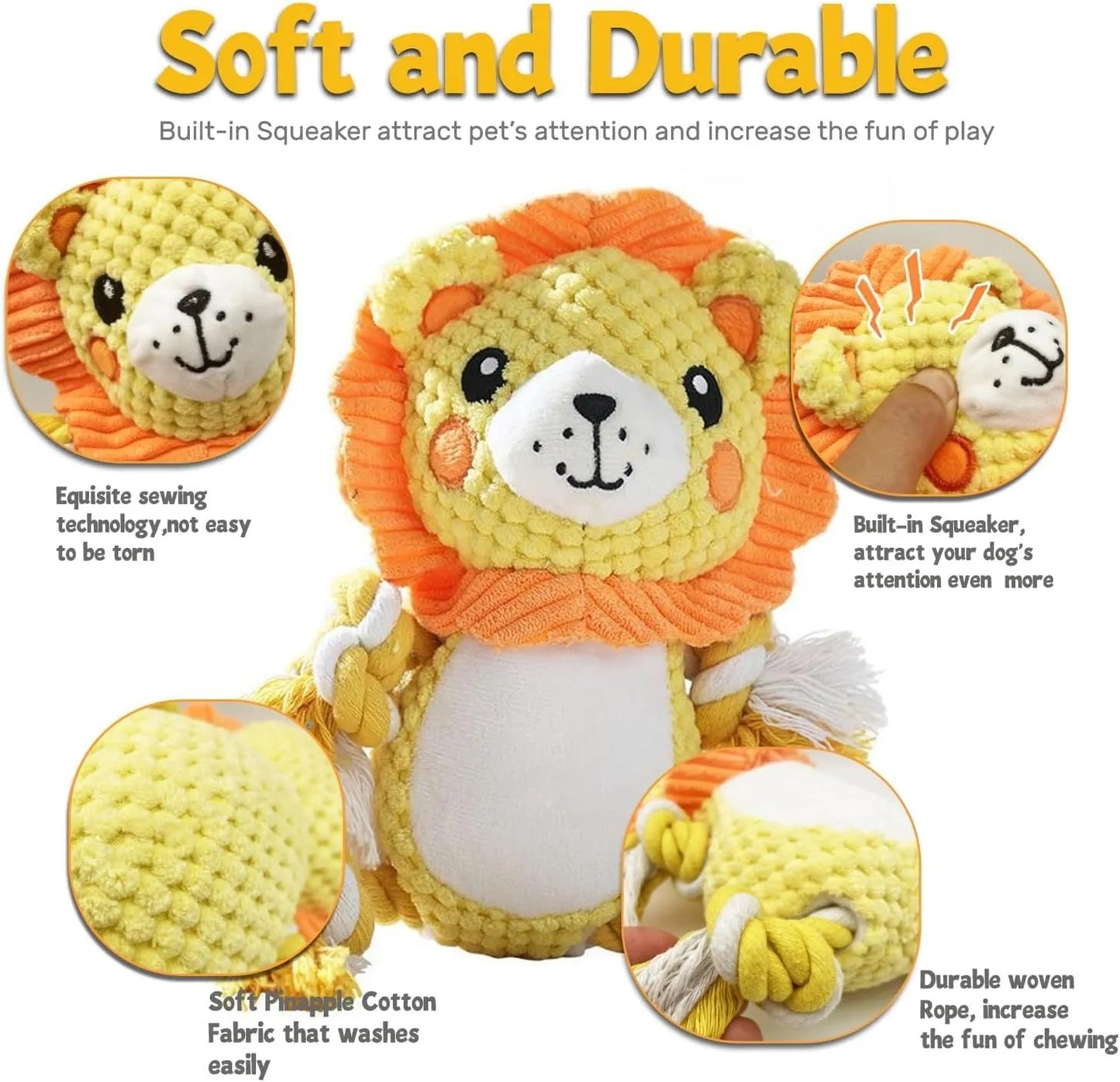 Plush squeaky dog toys bundle with lion and monkey designs, stuffing-free for medium large dogs