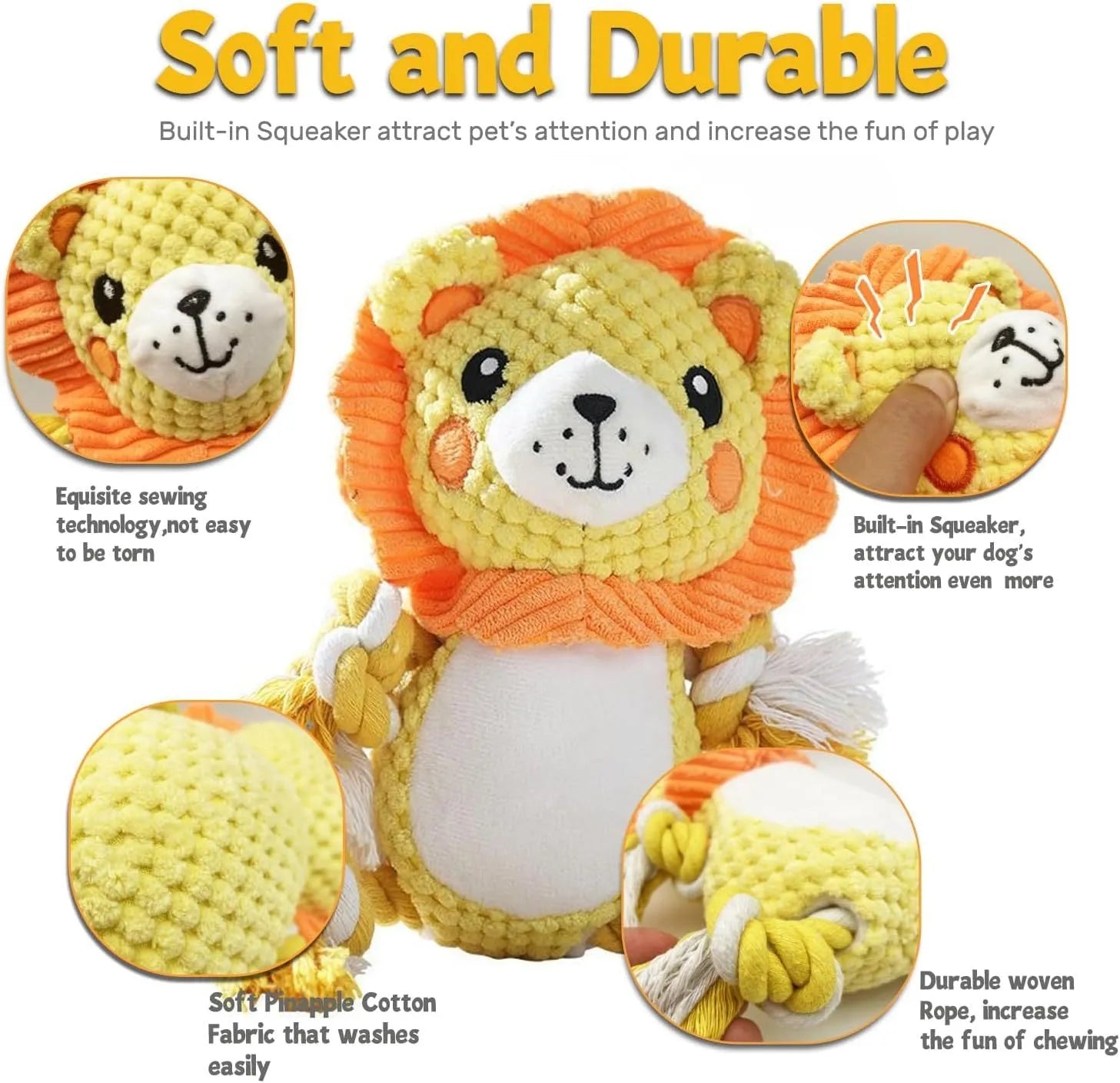 Plush squeaky dog toys bundle with lion and monkey designs, stuffing-free for medium large dogs