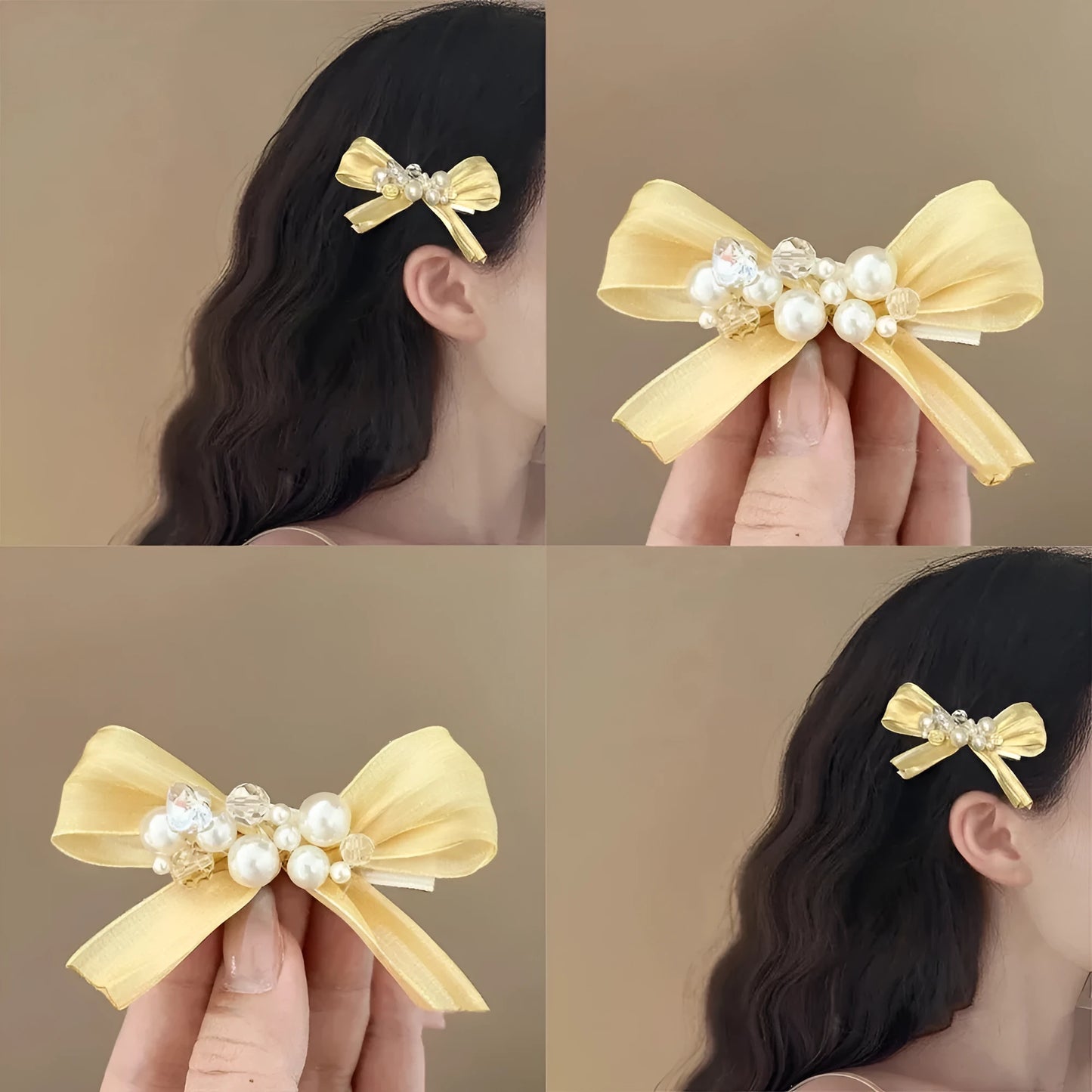 Yellow bow hair barrette clip with rhinestone pearl detail on duckbill clip base