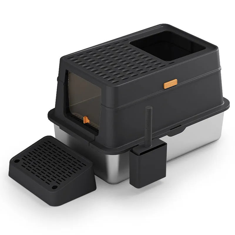 Grey ABS plastic enclosed cat litter box with a visible pedal entry flap.