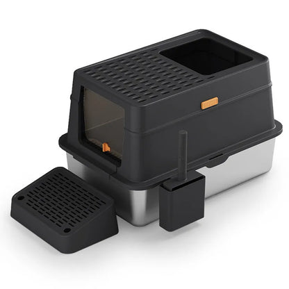 Grey ABS plastic enclosed cat litter box with a visible pedal entry flap.