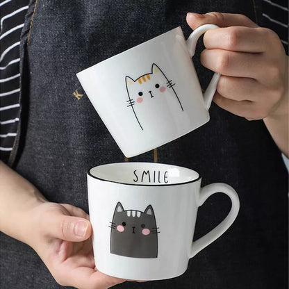 Ceramic coffee cup with cartoon cat design, perfect for couples and coffee enthusiasts