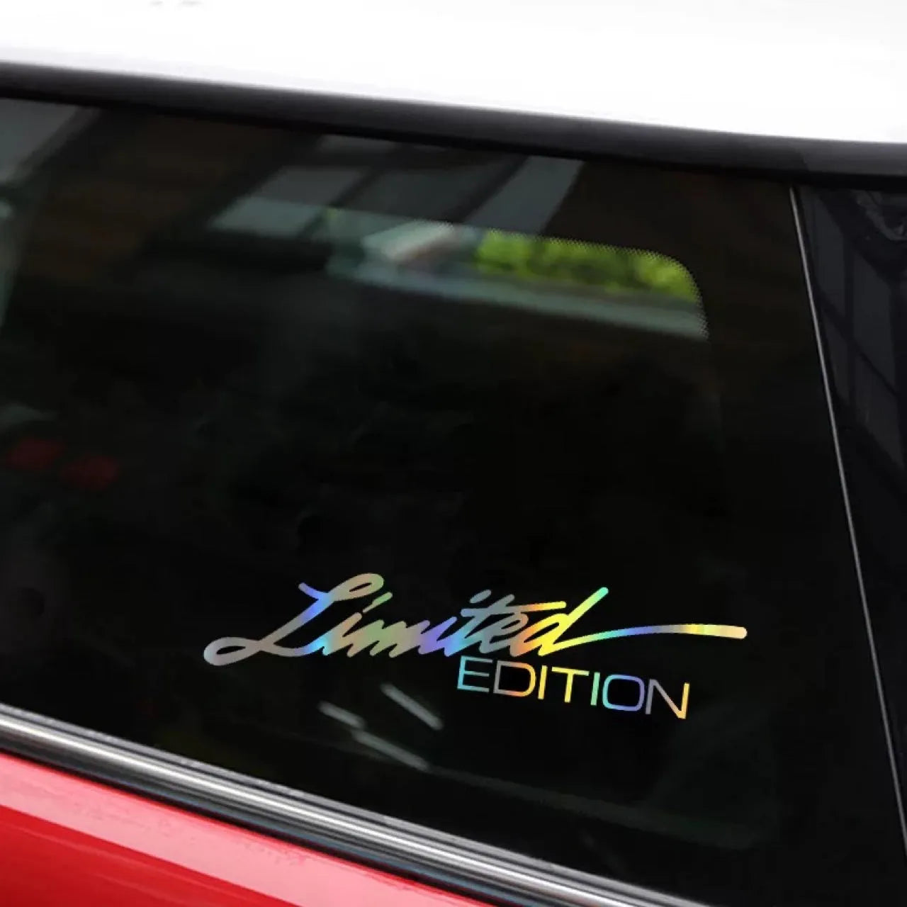 Black laser reflective car sticker with text design on PET material.