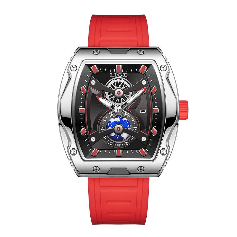Men's tonneau watch with stainless steel case, silicone strap, and silver blue dial, 15mm thick.