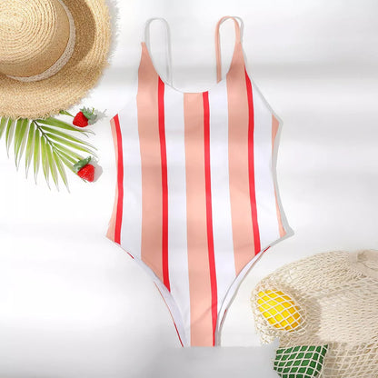 Women's pink striped one-piece swimsuit with quick-dry polyester fabric