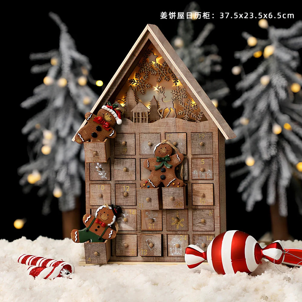 Wooden Christmas advent calendar with 24 numbered compartments in red and green colours measuring 37x32cm