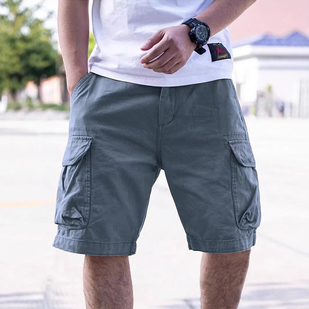 Men's loose-fit retro shorts in a cotton blend fabric, shown in army green colour.