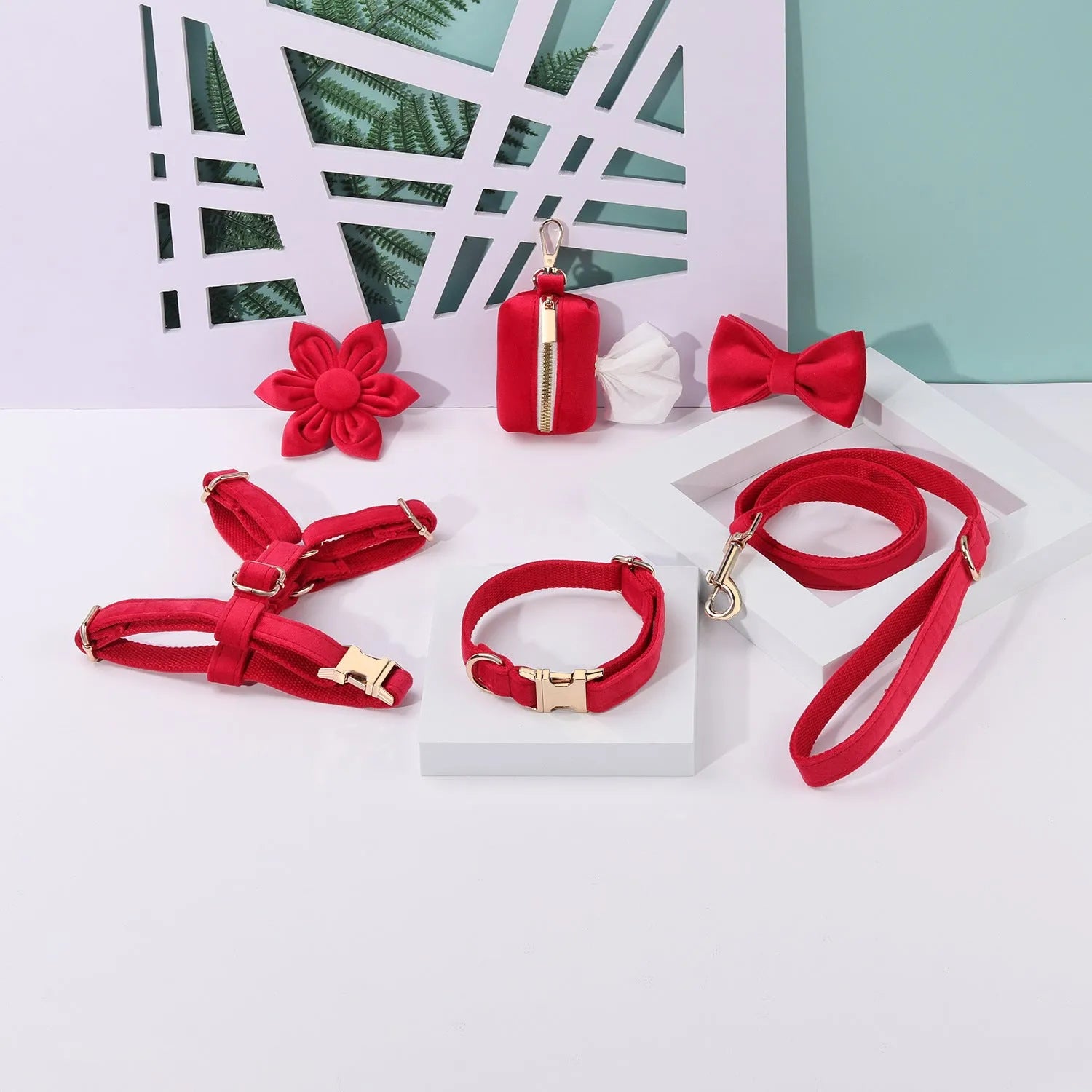 Classic velvet pet collar traction rope set with bow tie decoration and adjustable chest strap