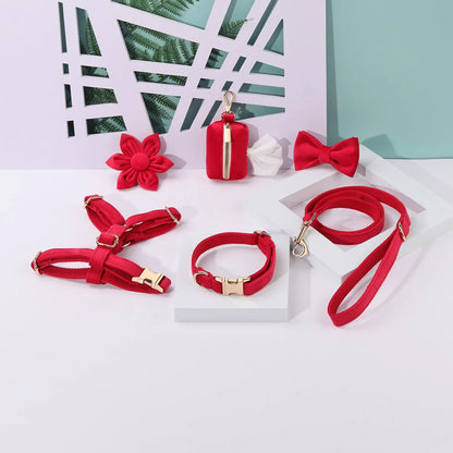 Classic velvet pet collar traction rope set with bow tie decoration and adjustable chest strap