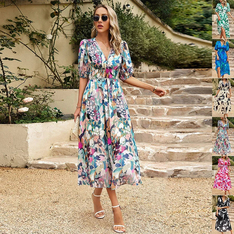 V-neck printed chiffon beads summer dress with lantern sleeves in various colors