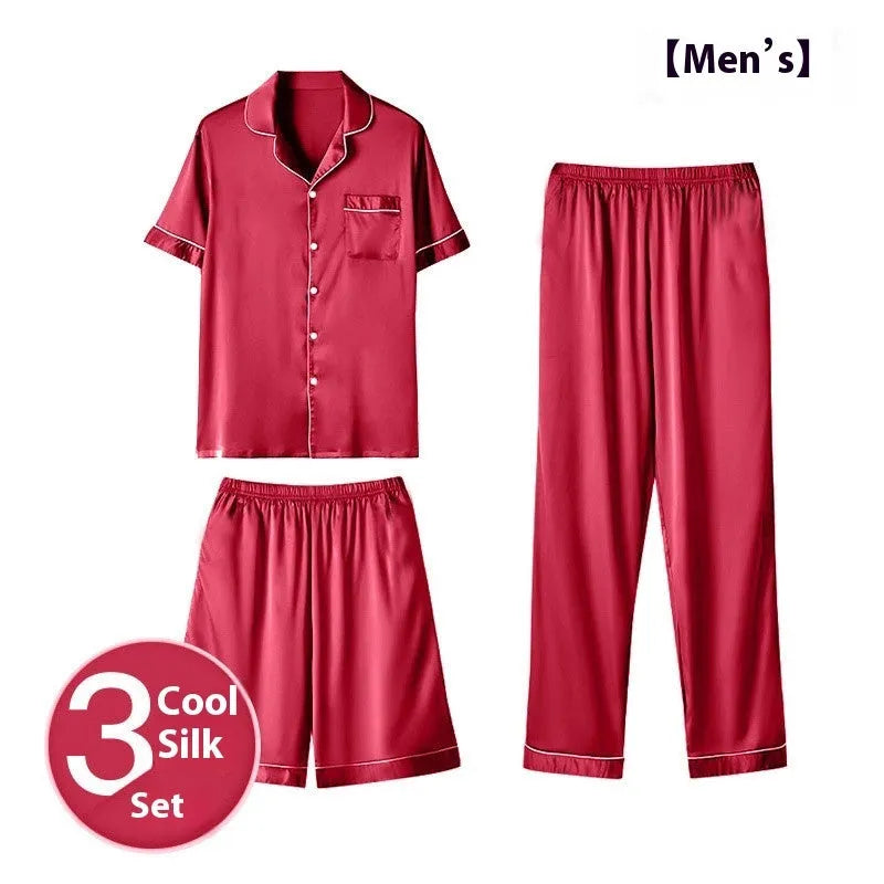 Men's black ice silk three-piece home wear set featuring a loose-fitting top with matching trousers and shorts.