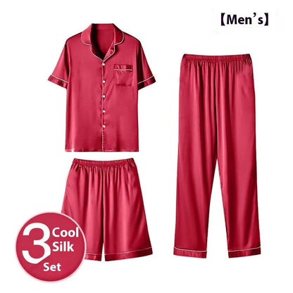 Men's black ice silk three-piece home wear set featuring a loose-fitting top with matching trousers and shorts.
