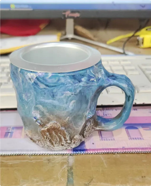 400ml resin mineral crystal coffee mug with handle in assorted colours including purple, blue, and pink.