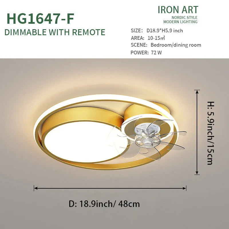 48cm ceiling fan lamp with light in black or gold finish, showing metal blades and acrylic shade