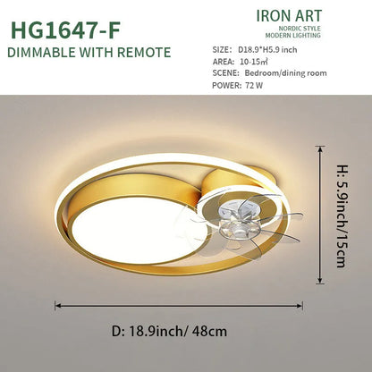 48cm ceiling fan lamp with light in black or gold finish, showing metal blades and acrylic shade