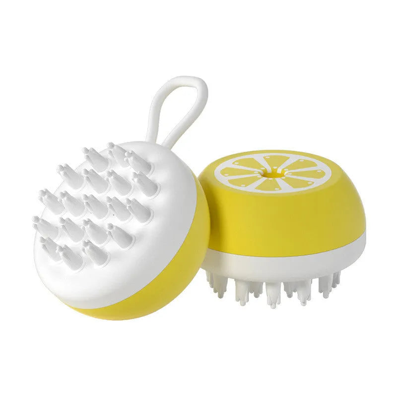 Yellow silicone pet bath brush with 3D massage head for dog and cat grooming measuring 102x70x46mm