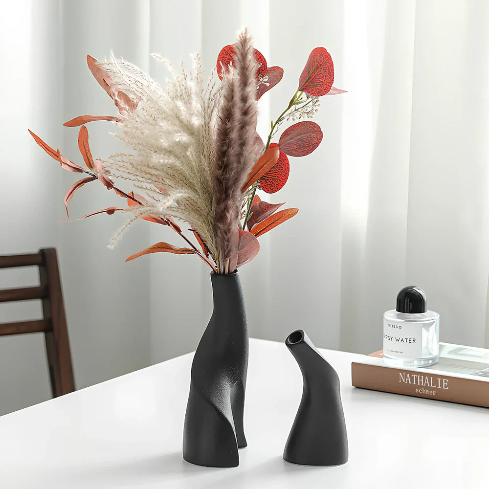 Nordic double shaped ceramic vase set in cream colour on wooden shelf, 20-25cm height for home decoration