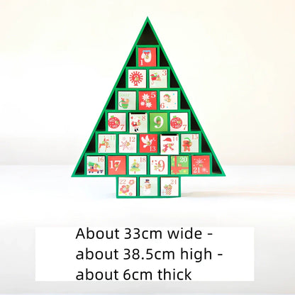 Wooden Christmas advent calendar with 24 numbered compartments in red and green colours measuring 37x32cm
