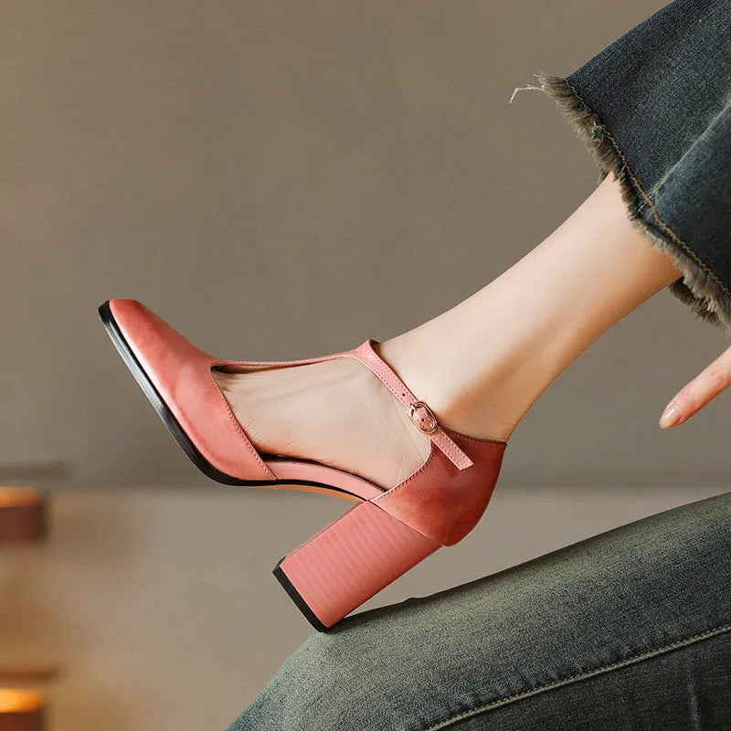 Retro pointed toe Mary Jane women's shoes with a buckle, in pink and dark brown cowhide.