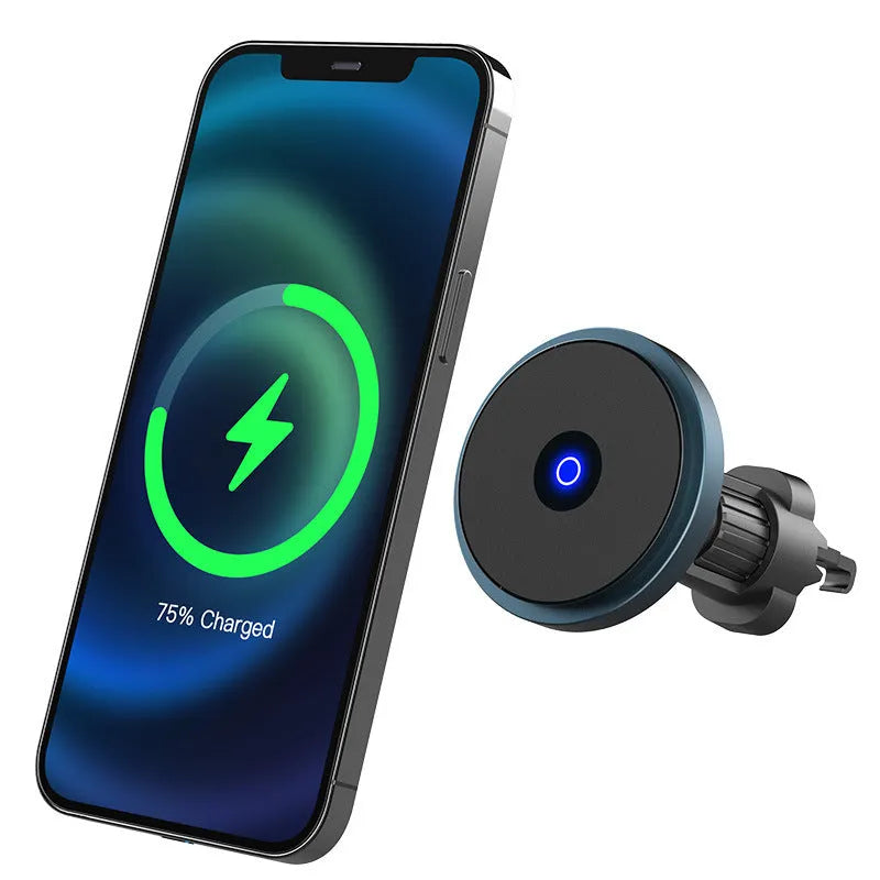Black 15W magnetic car wireless charger mounted on a car air vent, showing aluminium alloy and ABS construction.