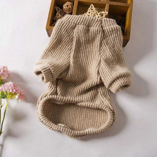 Brown knitted dog pullover for small breeds in sizes XS to XL, soft cloth material, casual style