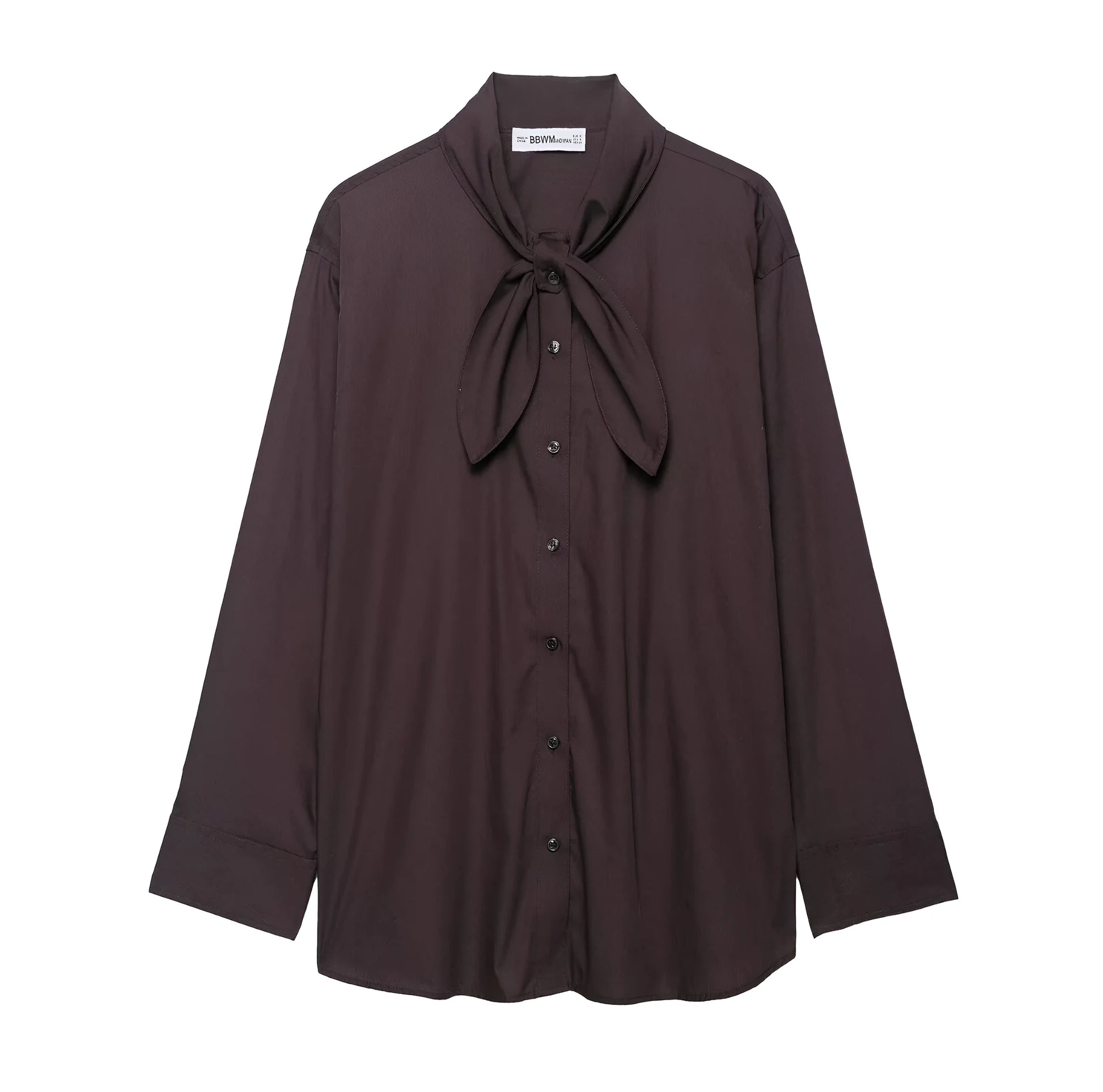 Brown women's loose fit poplin shirt with cardigan-style opening and bow tie detail
