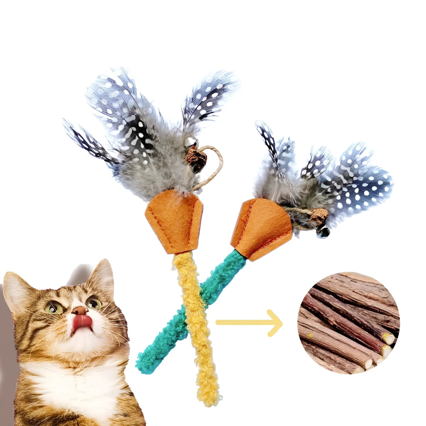 Polygonum wood cat chew toy with green and yellow feather attachments for dental health and interactive play