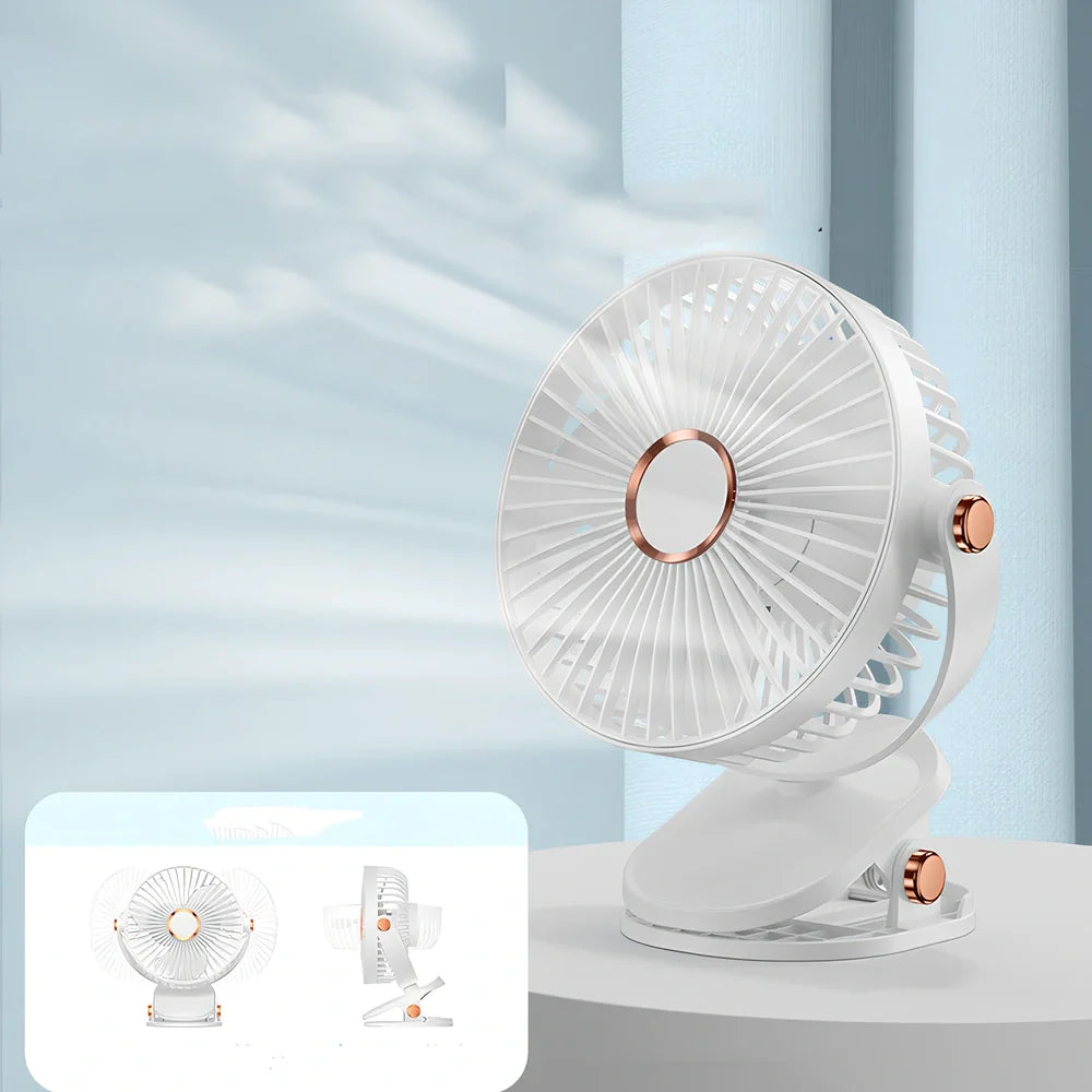 White USB clip fan with clip attachment showing 6-inch blades and control button