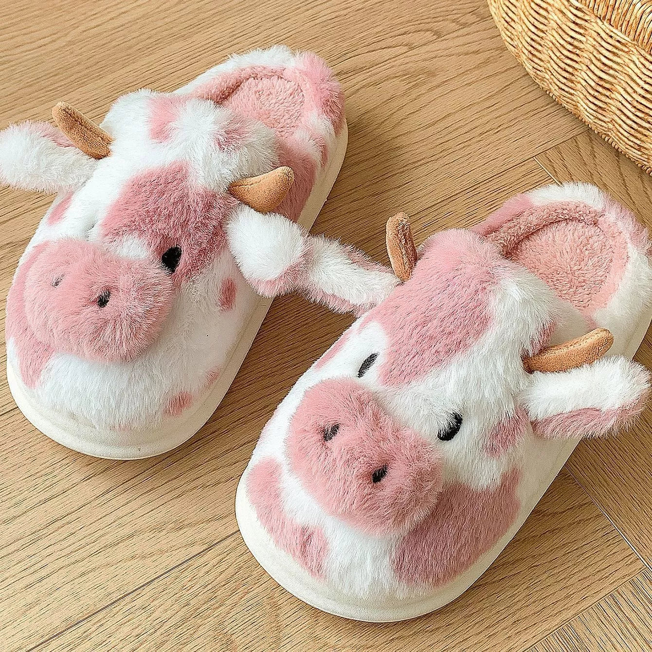 Cartoon cow plush slippers in black, leather red, and brown with non-slip soles