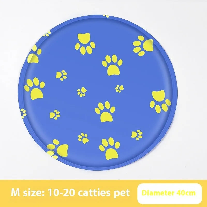 Round pet cooling mat with cartoon dog designs in blue and beige colour options