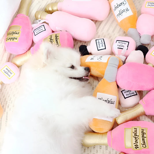 Plush wine bottle pet toy for dogs and cats in six colour variations