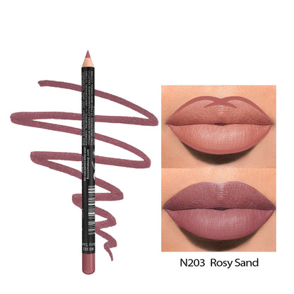 Matte lip liner pencil in wooden casing shown in shade range 201-214 on a white background